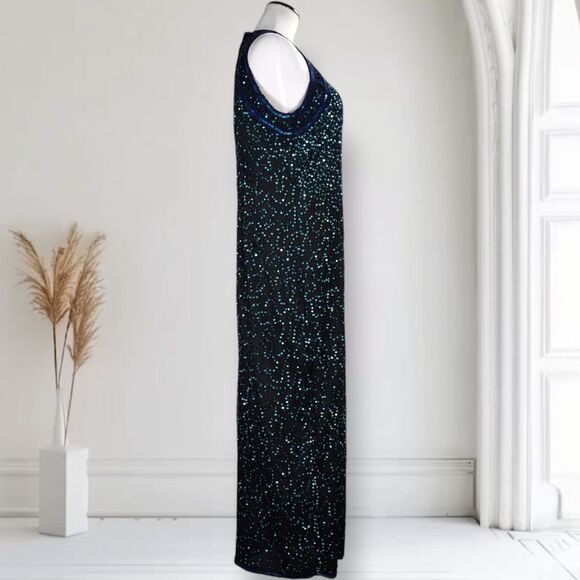 Vintage 90s Sequin Formal Prom Evening Dress Size L Halter Neck Thigh Slit - Picture 3 of 16